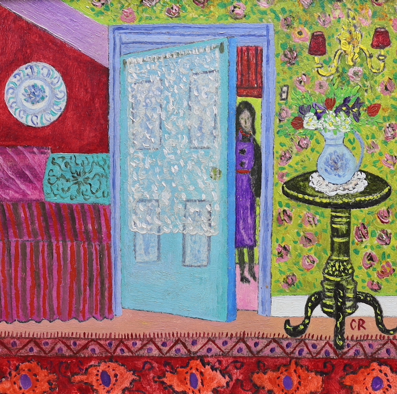 Celeste Radloff (South African 1930-1994), naive oil on board, Interior, Girl in a Doorway, initialled, The Furneaux Gallery label verso, 15cm x 15cm